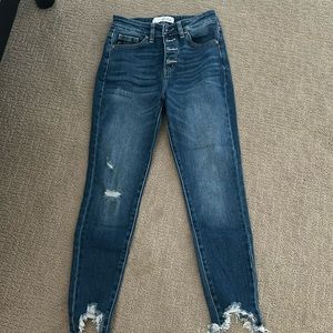 Size 5/26 KanCan button fly skinny jeans, medium to dark wash, frayed hem